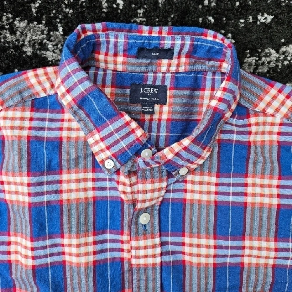 J. CREW 100% Cotton Summer Plaid Slim Fit Button Down LS Shirt Red Blue Mens LG
